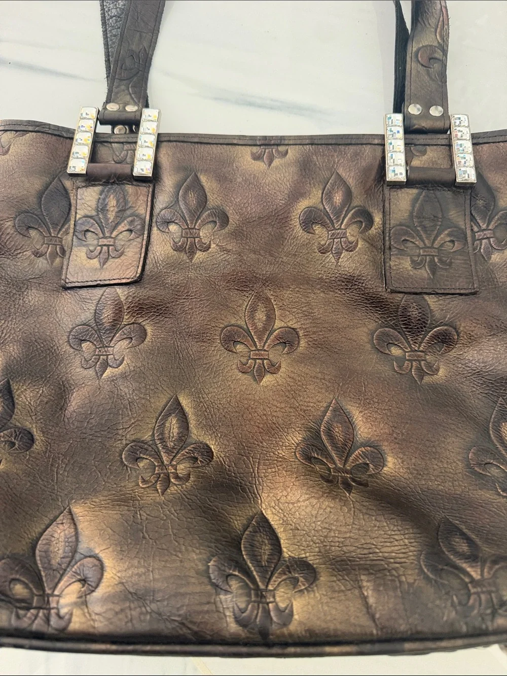 Raviani Black Embossed Satchel with Fleur-de-Lis Detail